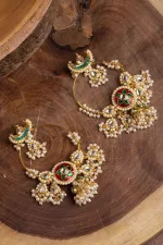 Exquisite Green & Red Meenakari Chandbali Earrings Adorned with Pearls