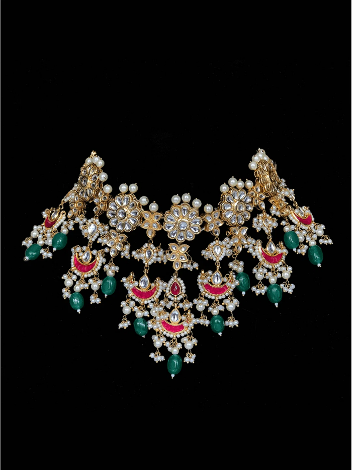 Red With Pearl & Emerald Kundan Indian Choker - Wedding Statement Jewelry - Image 4