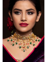 Red With Pearl & Emerald Kundan Indian Choker - Wedding Statement Jewelry - Image 2