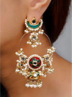 Exquisite Green & Red Meenakari Chandbali Earrings Adorned with Pearls - Image 2