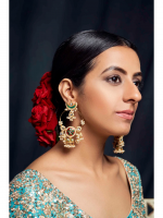Exquisite Green & Red Meenakari Chandbali Earrings Adorned with Pearls - Image 3