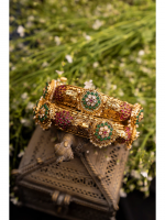 Exquisite Red & Green Kundan Flower Kada with Pearls (2.4,2.6) single piece only - Image 2