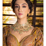 Exquisite Statement Gold & White Bridal Necklace with Green & Tourmaline Drops