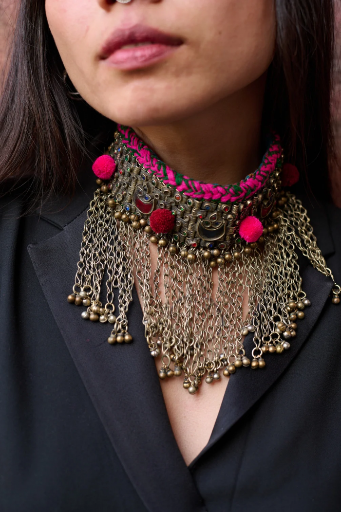Silver and pink boho-style chunky choker necklace, handmade Indian jewelry.