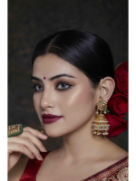Exquisite Barium Floral Gold Jhumki Earrings with Kundan Detailing - Image 2