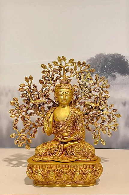 Handmade Brass Seated Buddha Statue Meditating Under Bodhi Tree | Spiritual Decor