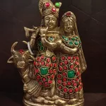 Handcrafted Brass Cow Radha Krishna God Idols - Unique Stone Finish Décor Piece